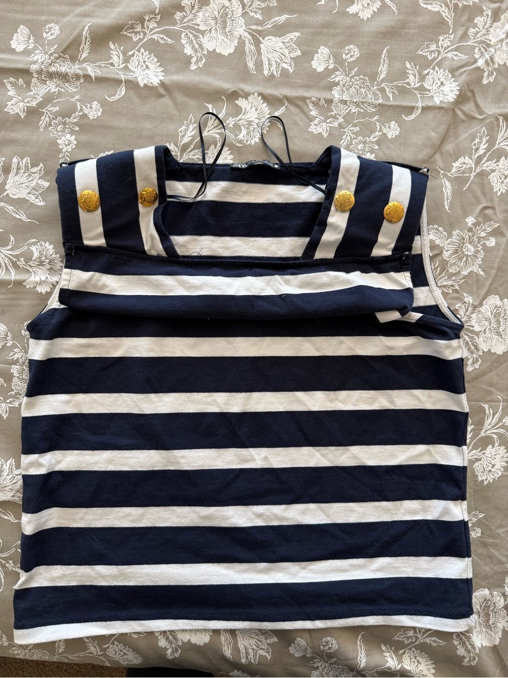 Zara Navy and White Striped Tank with Gold Button Accents